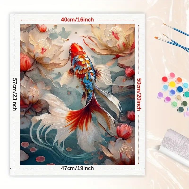 Nature Art Paint by Numbers Kit for Adults - DIY Koi Fish and Lotus Flowers Painting on Canvas 16x20 Inches, Acrylic Paint Set, Suitable for Beginners, Peaceful Art for Home Decoration/Gifts TAOPAOLAB