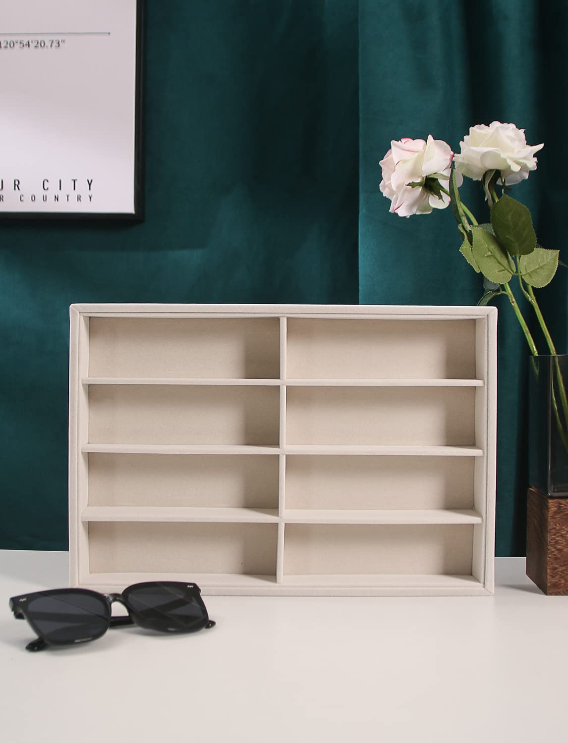 Coward Sunglass Organizer, Beige Velvet Glasses Trays - Eyeglasses Watches Jewelry Display - Men Women (8 Grids) Coward