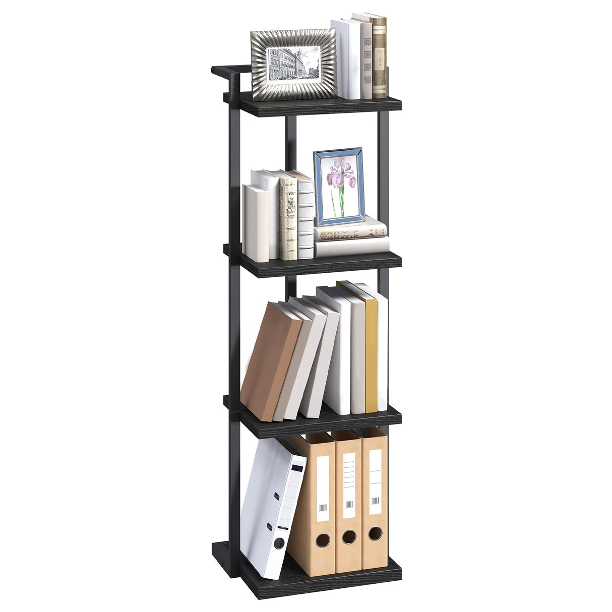 MAHANCRIS Bookshelf, 4-Tier Bookcase, Vertical Tall Narrow Book Shelf for Small Space, Open Storage Display Shelf with Stable Base & Anti-Tip Kits, for Living Room, Office, Study, Black BKBK11401