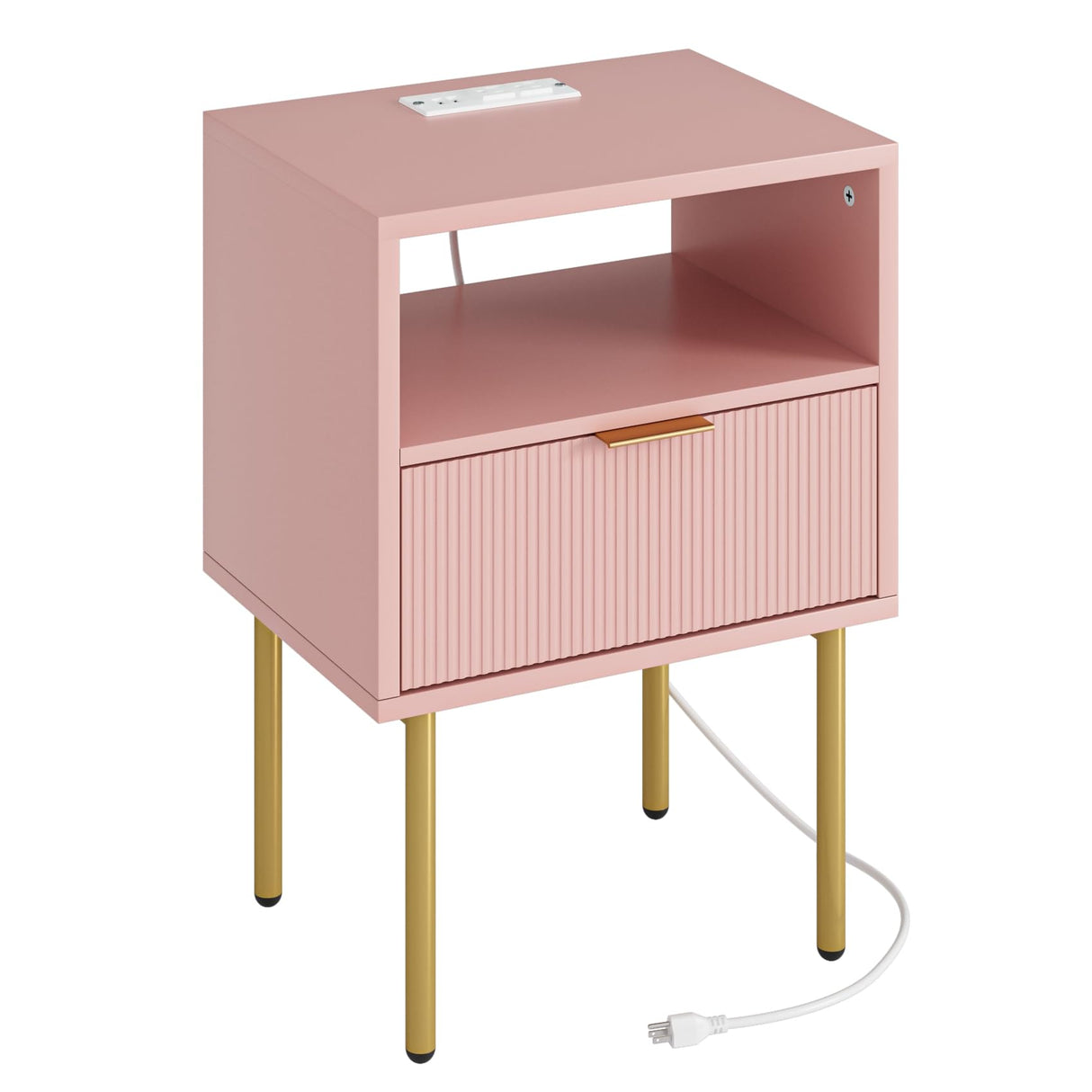 Masupu Nightstand with Charging Station,Mid-Century Modern Bedside Table with Storage Drawer and Open Wood Shelf,Small Gold Frame Side Table for Bedroom,Living Room (Pink) Masupu