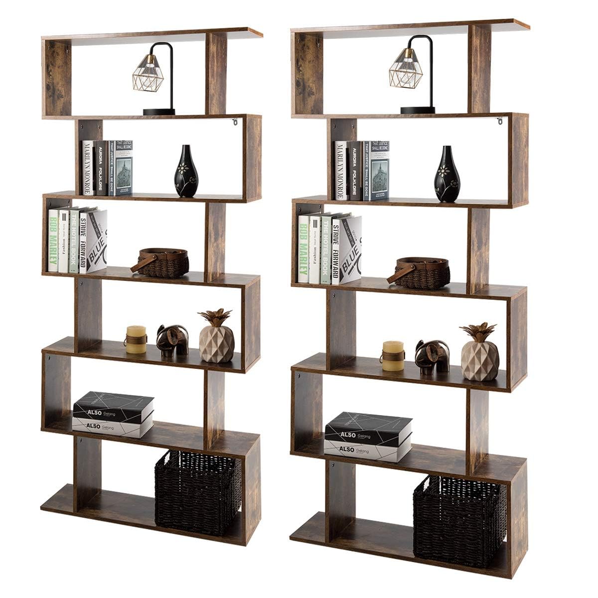 Tangkula 6-Tier Geometric Bookcase, Modern S-Shaped Storage Display Bookshelf for Living Room, Anti-Toppling Device, Home Office Wooden 6 Shelf Open Bookcase (2, Coffee) Tangkula