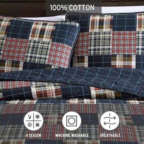 Eddie Bauer - King Quilt Set, Cotton Reversible Bedding with Matching Shams, Luxurious Bedding Set (Madrona Navy/Red, King) Eddie Bauer