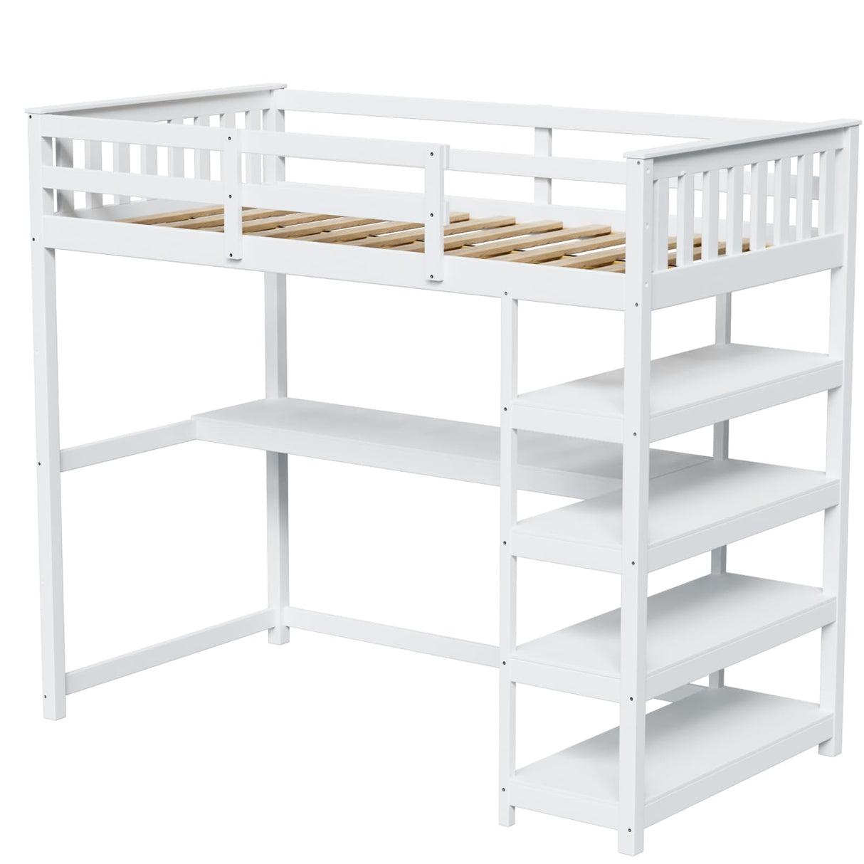 Bunk Bed with Desk and 4-Layer Shelves, Loft Bed Twin Size with Under Desk and Bookcase Storage, Twin Bed Frame for Kids, Adults& Young Teens, White JOYMOR