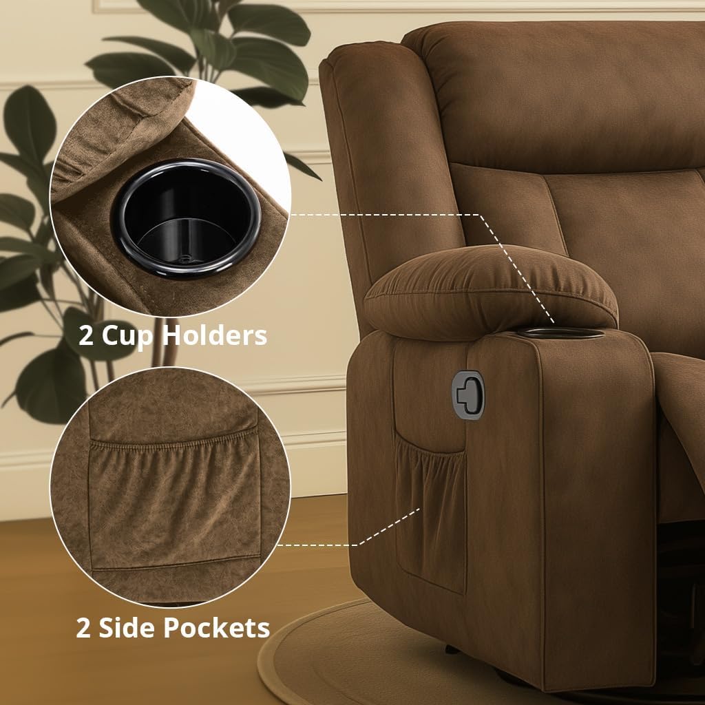 COMHOMA Recliner Chair,360°Swivel Rocker Recliners with Cup Holders&Side Pockets,Manual Reclining Single Sofa,Fabric Upholstered Lounge Chairs for Living Room,Brown COMHOMA