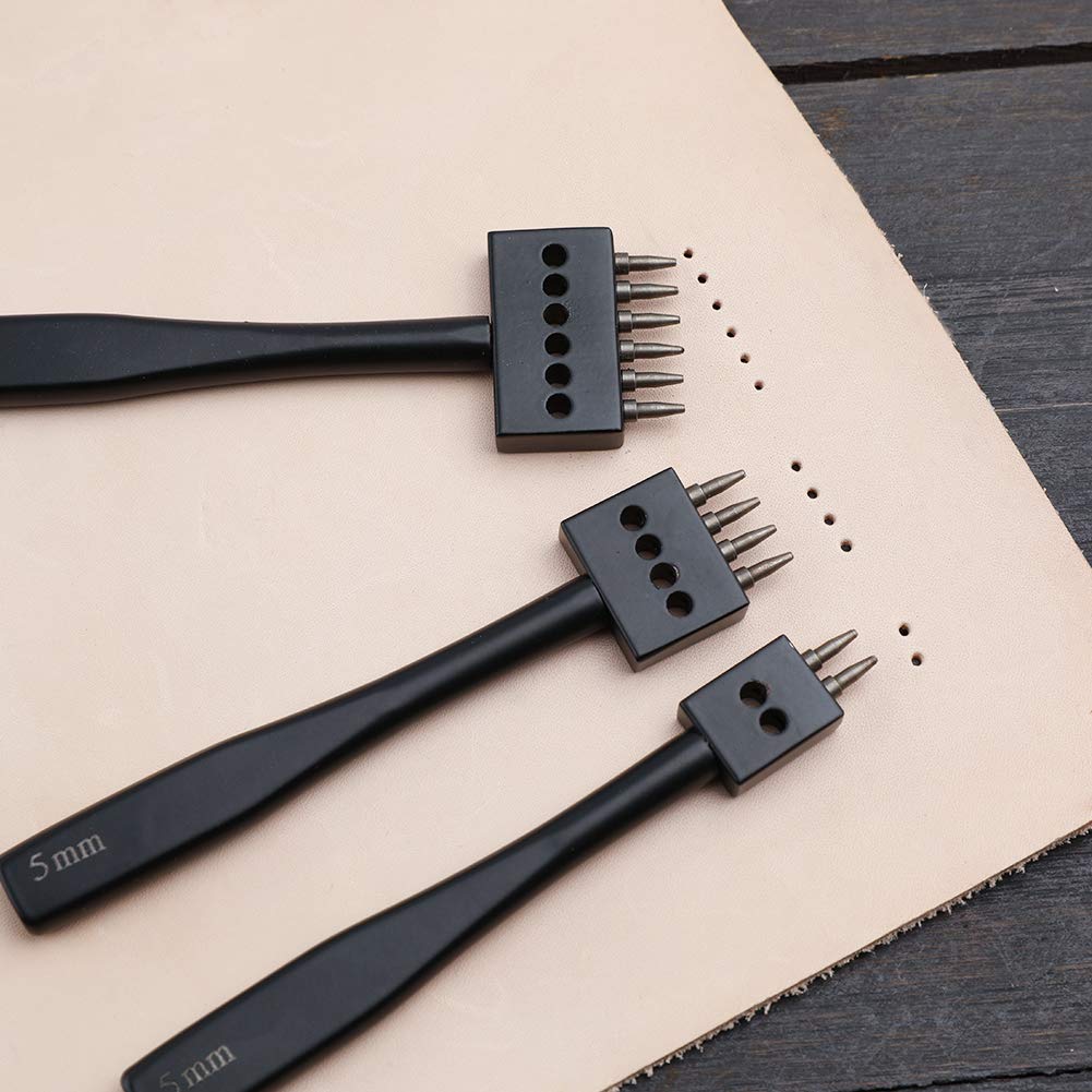 DIUDUS Leather Hole Punch, Prong Punch, Black Hole Punch Tool 5mm, 2/4/6 Lacing Stitching Punch, Round Hole Prong Stitching Chisel Set Leather Working Tools for Leathercraft DIUDUS