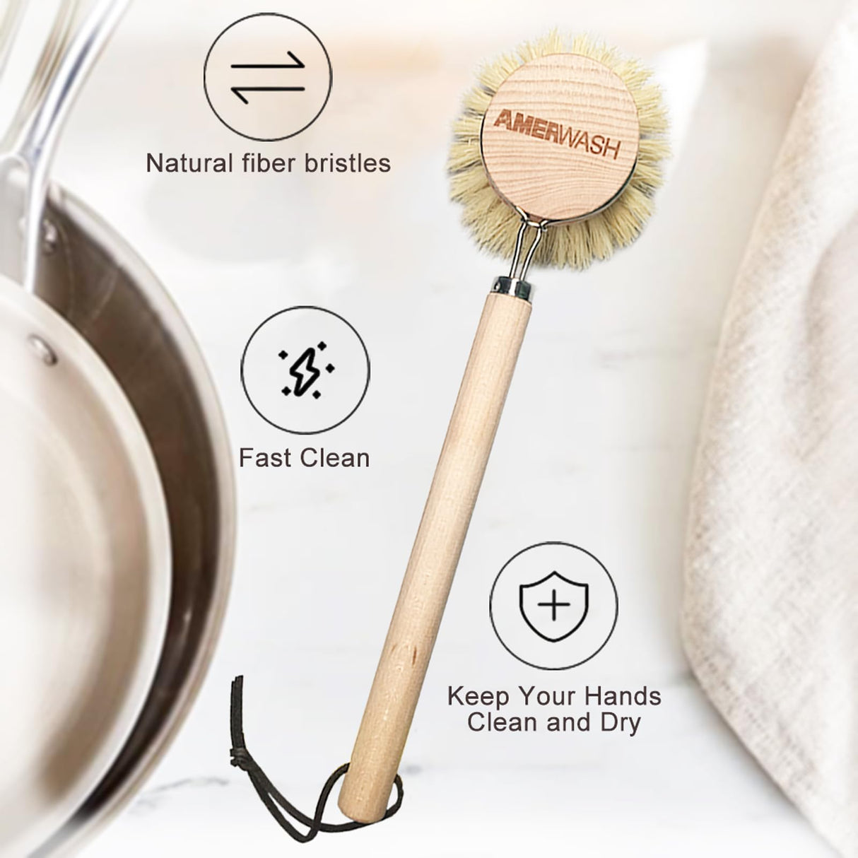 AMERWASH PLUS Dish Brush with Wooden Handle, Natural Kitchen Brush for Dishes Vegetable, Pots and Pans, Tampico Fiber Bristles Scrubber, Extra 3 Pack Replacement Head Included AMERWASH PLUS
