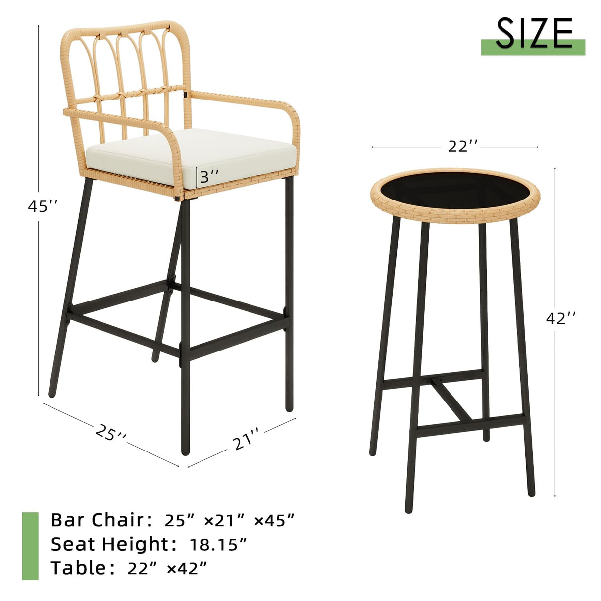 Vikiullf 3 Pieces Patio Bar Table Set, Outdoor Wicker Bar, All Weather Height Bar Stools and Table Set, for Garden, Deck, Balcony Vikiullf