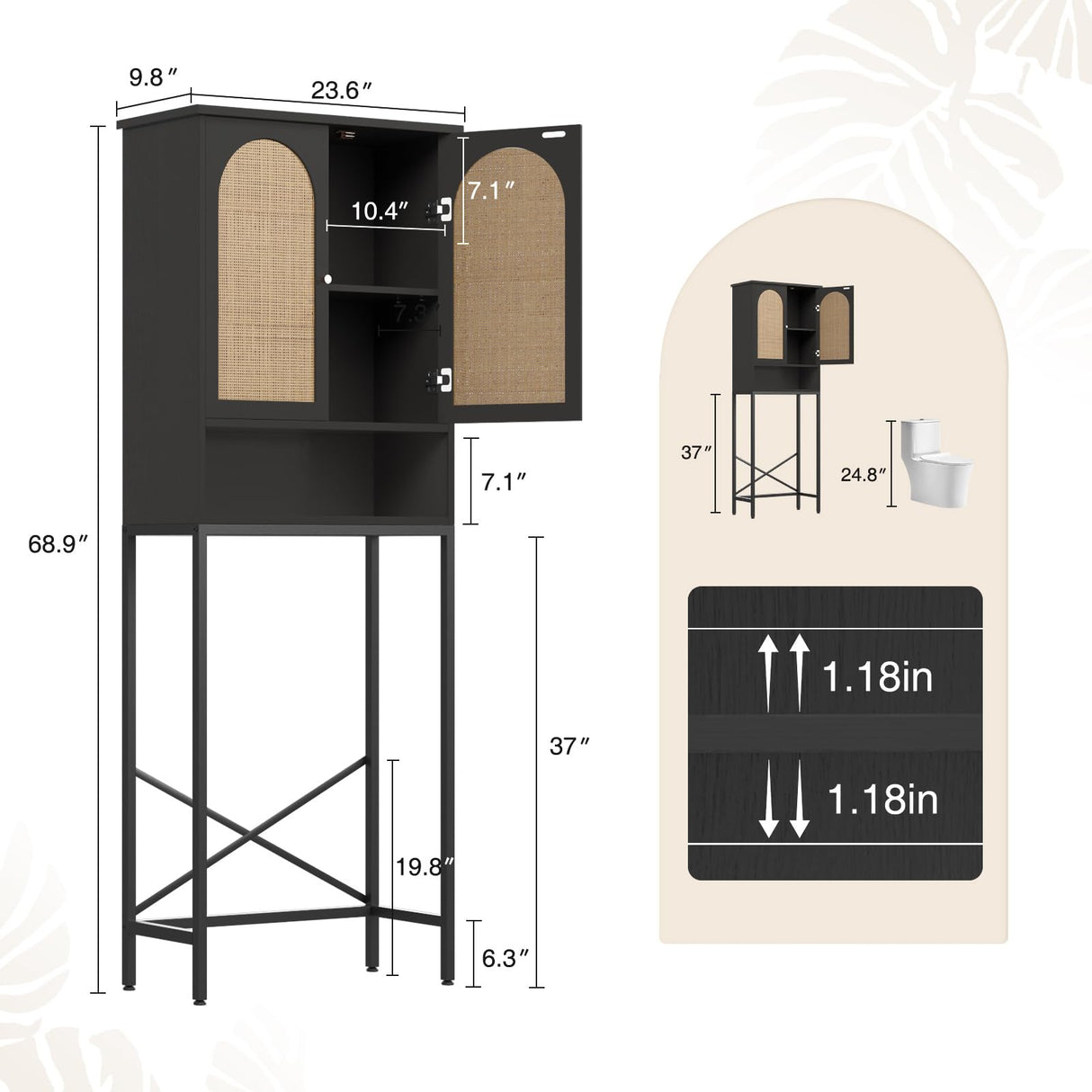 Rattan Door Black Toilet Storage Cabinet with Adjustable Shelf and Metal Stand Befrases