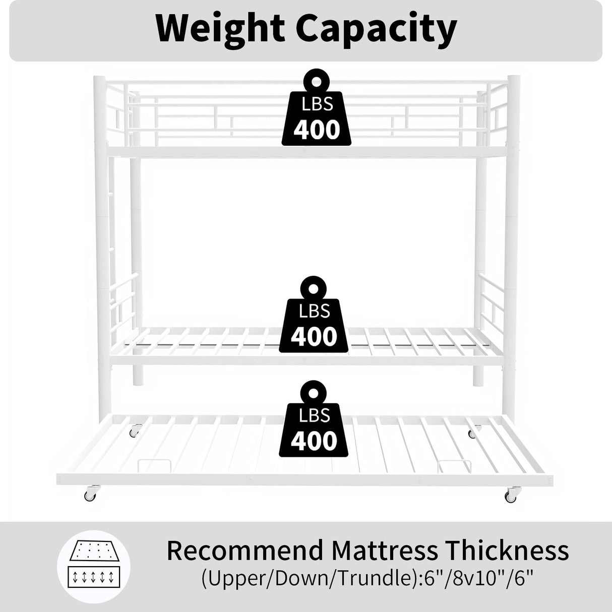 GNIXUU Twin Over Twin Metal Bunk Bed with Trundle, Heavy Duty Sturdy Beds Frame with Side Ladder, Convertible Bunkbed Safety Guardrails, No Box Spring Needed, White GNIXUU