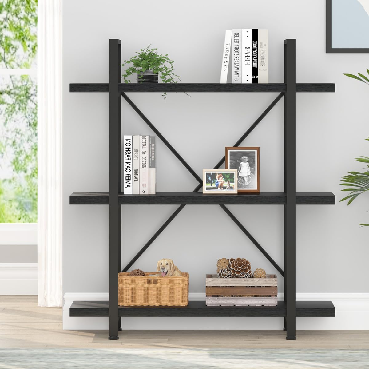 HSH Industrial-Style 3-Tier Black Oak Bookshelf with Metal Frame for Modern Storage HSH