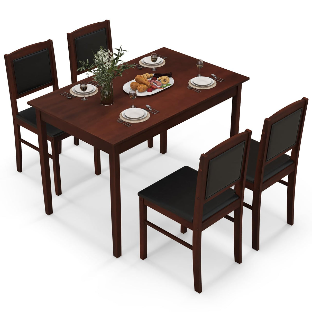 Tangkula Dining Table Set for 4, Solid Wood, Farmhouse Dinette Set w/Rubber Wood Legs, Upholstered Seat & Padded Backrest, Modern Dining Table and Chairs Set for Kitchen, Dining Room (Reddish Brown) Tangkula