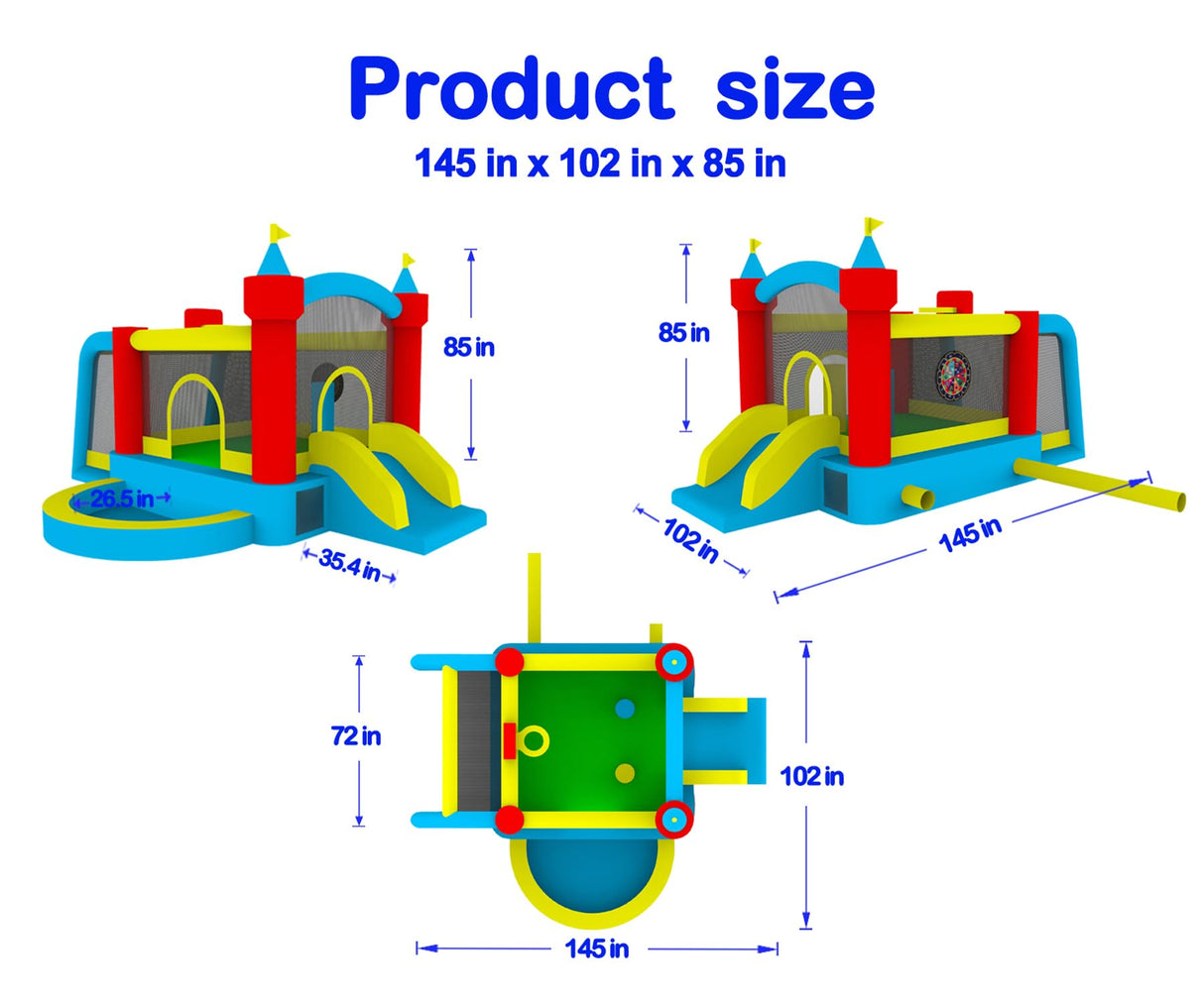 WELLFUNTIME Inflatable Bounce House with Slide, Jumping Castle with Blower and Wave Pool, Basketball Rim, Football Goal WELLFUNTIME