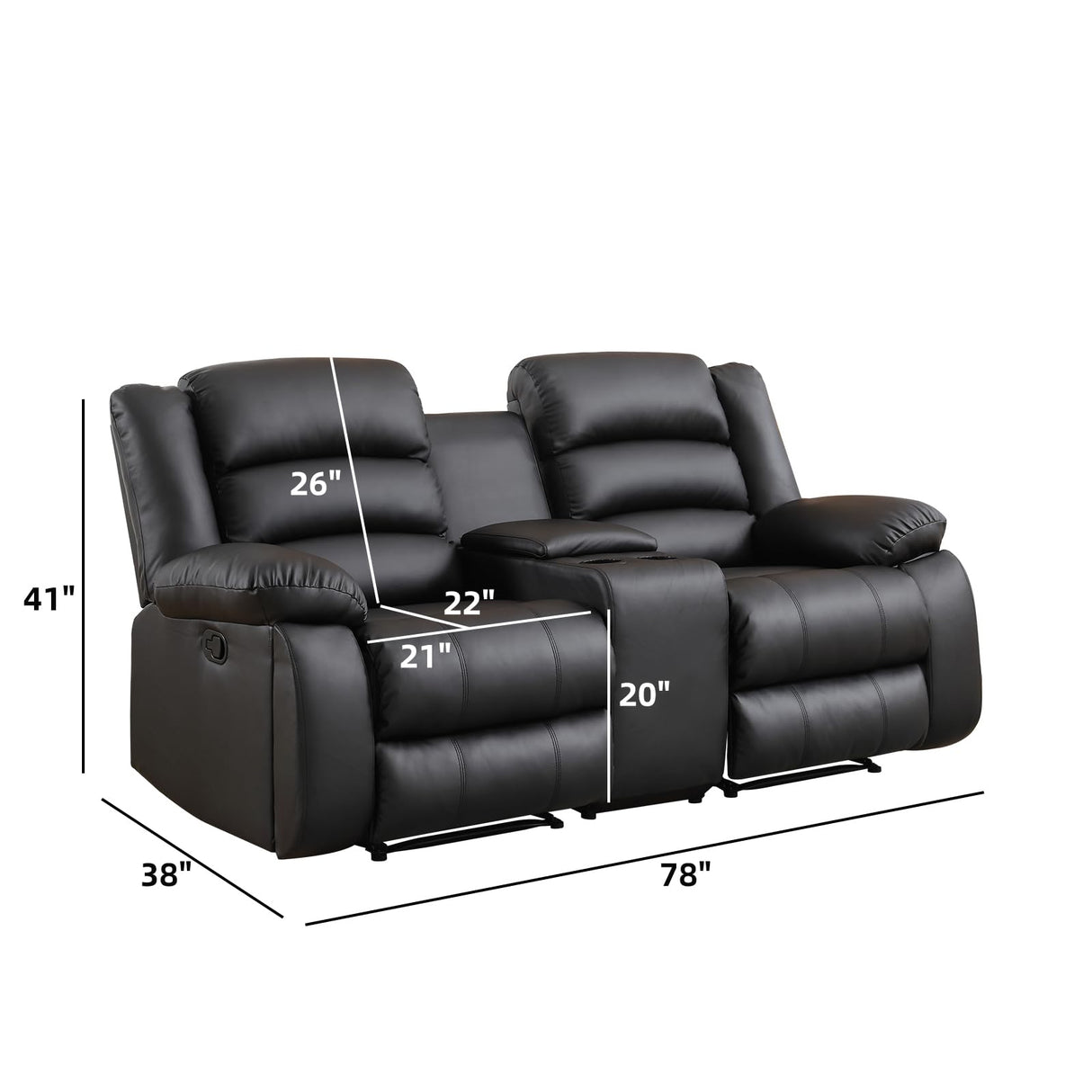EBELLO Faux Leather Manual Loveseat Recliner, Reclining Sofa Chair with 2 Concealed Cup Holders, Hidden Storage, Overstuffed Armrest Couch Set for Living Room, Bedroom, Meeting Room, Black EBELLO