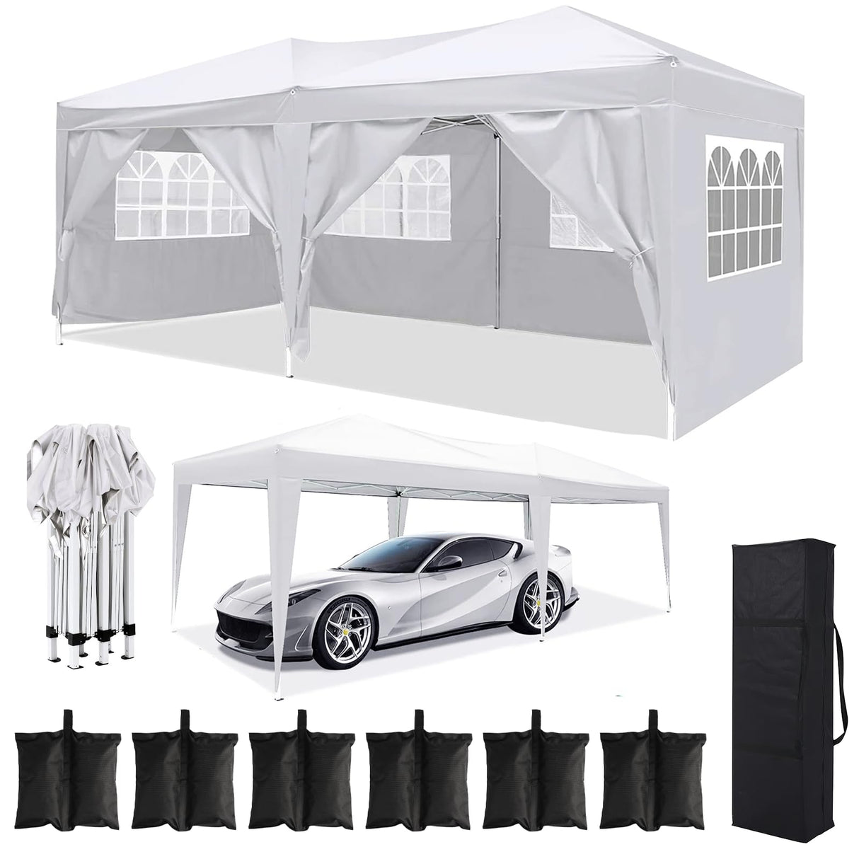 10x20 White Pop Up Canopy Tent with 6 Removable Sidewalls Commercial Heavy Duty All Weather Waterproof Outdoor Canopy Wedding Tents for Parties Gazebo with Carry Bag and 6 Sandbags susici