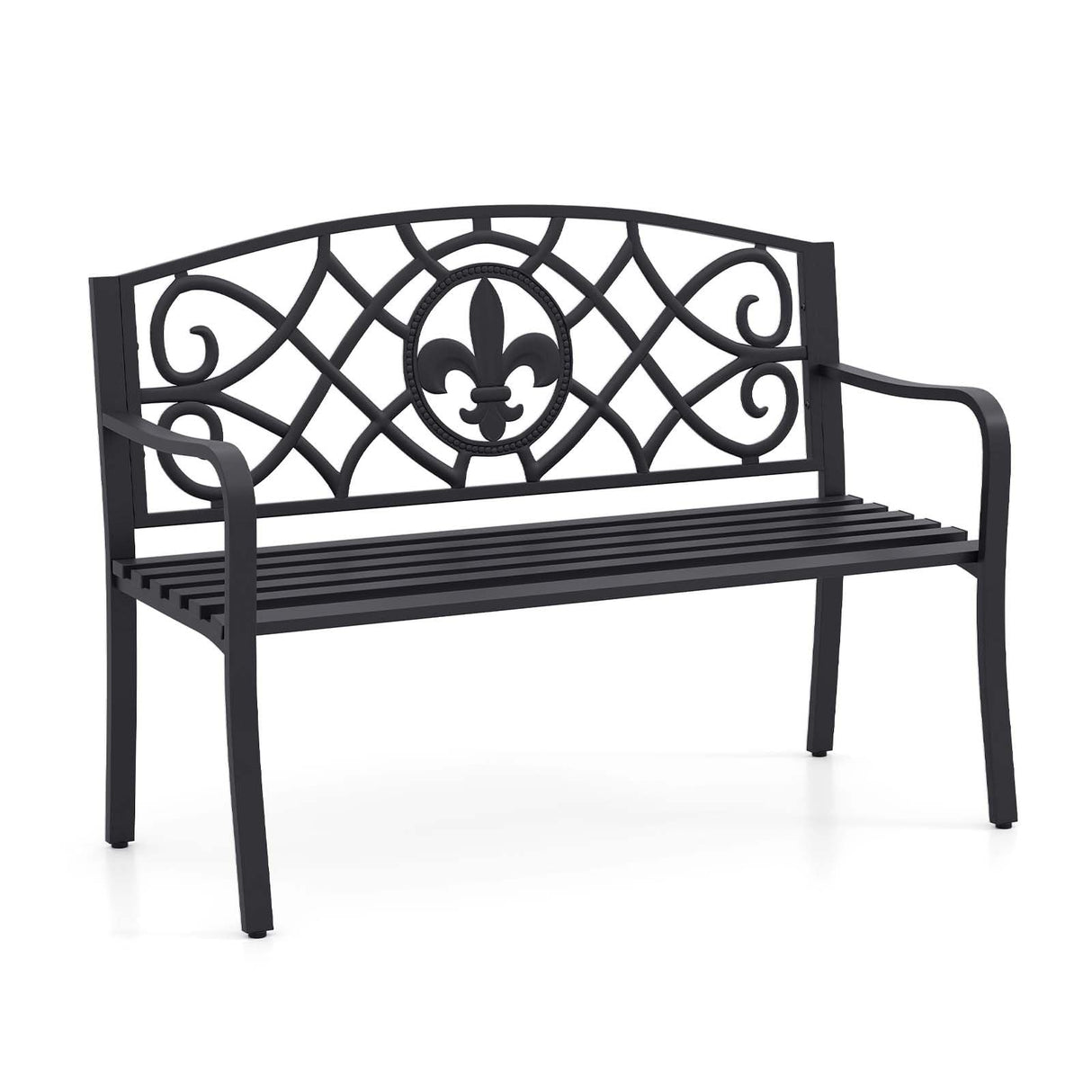 Giantex 50.5” Outdoor Bench with Metal Frame, Floral Design Cast Iron Backrest, Slatted Seat, Adjustable Foot Pads, Load 660Lbs, Garden Bench for Outside Patio Backyard Porch Park, Black Giantex