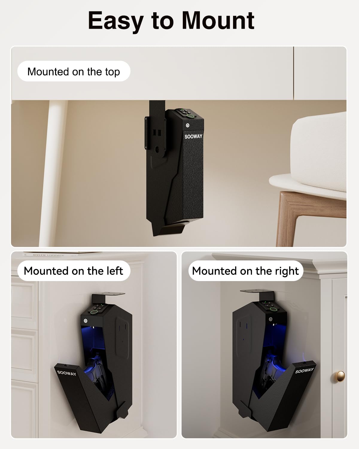 SOOWAY Biometric Pistol Safe Fingerprint Quick Access Gun Safe for Handgun, Drop Down Mounted with 3 Ways Unlock Gun Lock Box for Car, Nightstand, Desk, Wall, Dresser SOOWAY