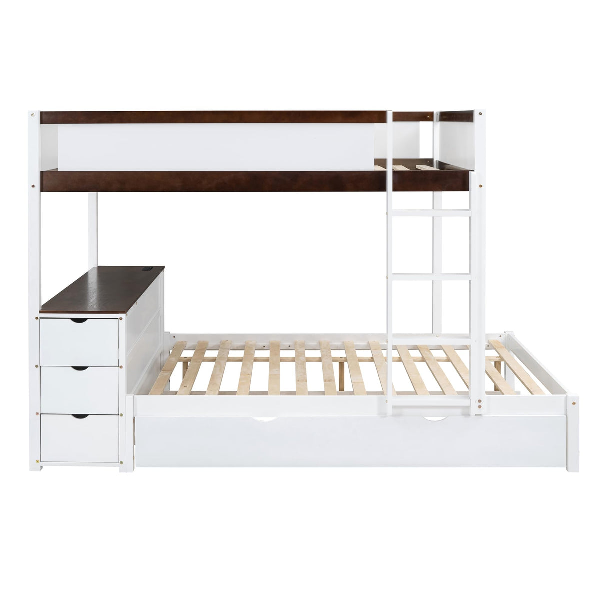 Harper & Bright Designs Full Over Full Bunk Bed Twin Size Trundle, Wood Full Bunk Bed with USB Ports, Storage and Desk, White+Walnut Harper & Bright Designs