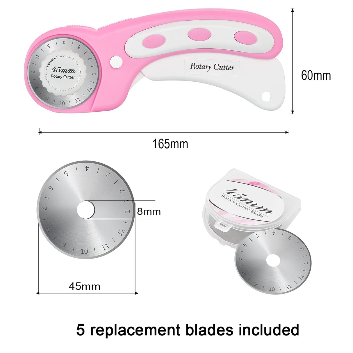 45mm Rotary Cutter with 5pcs Extra Blades, Ergonomic Handle Rolling Cutter with Safety Lock for Fabric, Leather, Crafting, Sewing, Quilting, Fabric Rotary Cutter Perfect for Left & Right Hand(Pink) Headley Tools