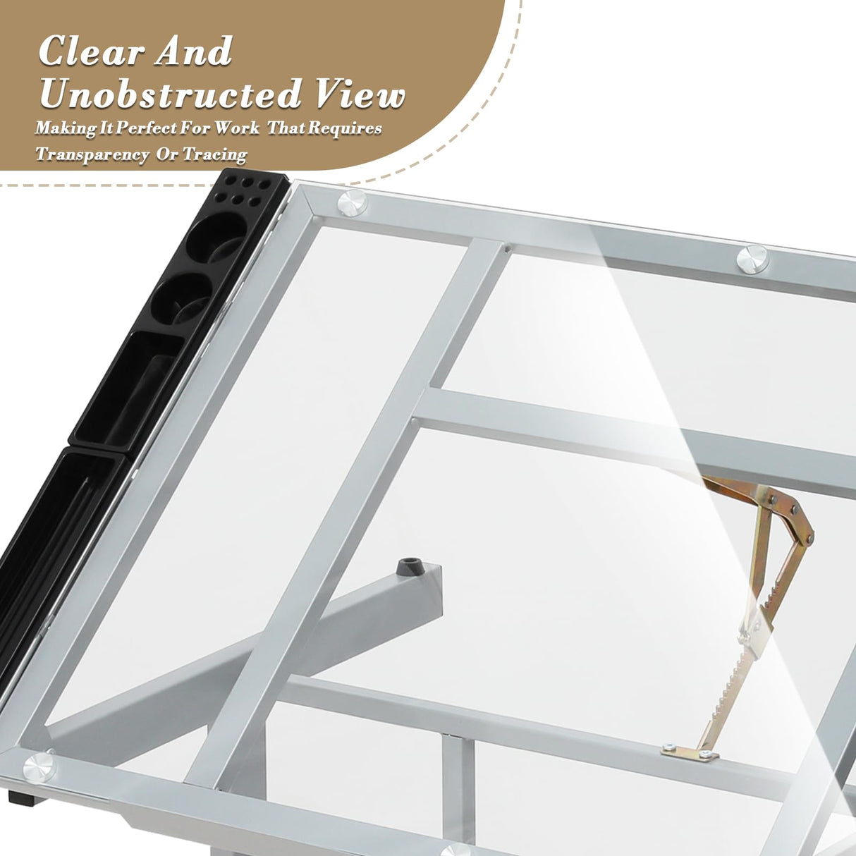 Athena Collection 41" Drafting Table Adjustable Angle Drawing Table Tempered Glass Art Desk Metal Frame Craft Desk Artist Desk with Fabric Drawers, Rolling Casters and Trays, Light Grey Athena Collection