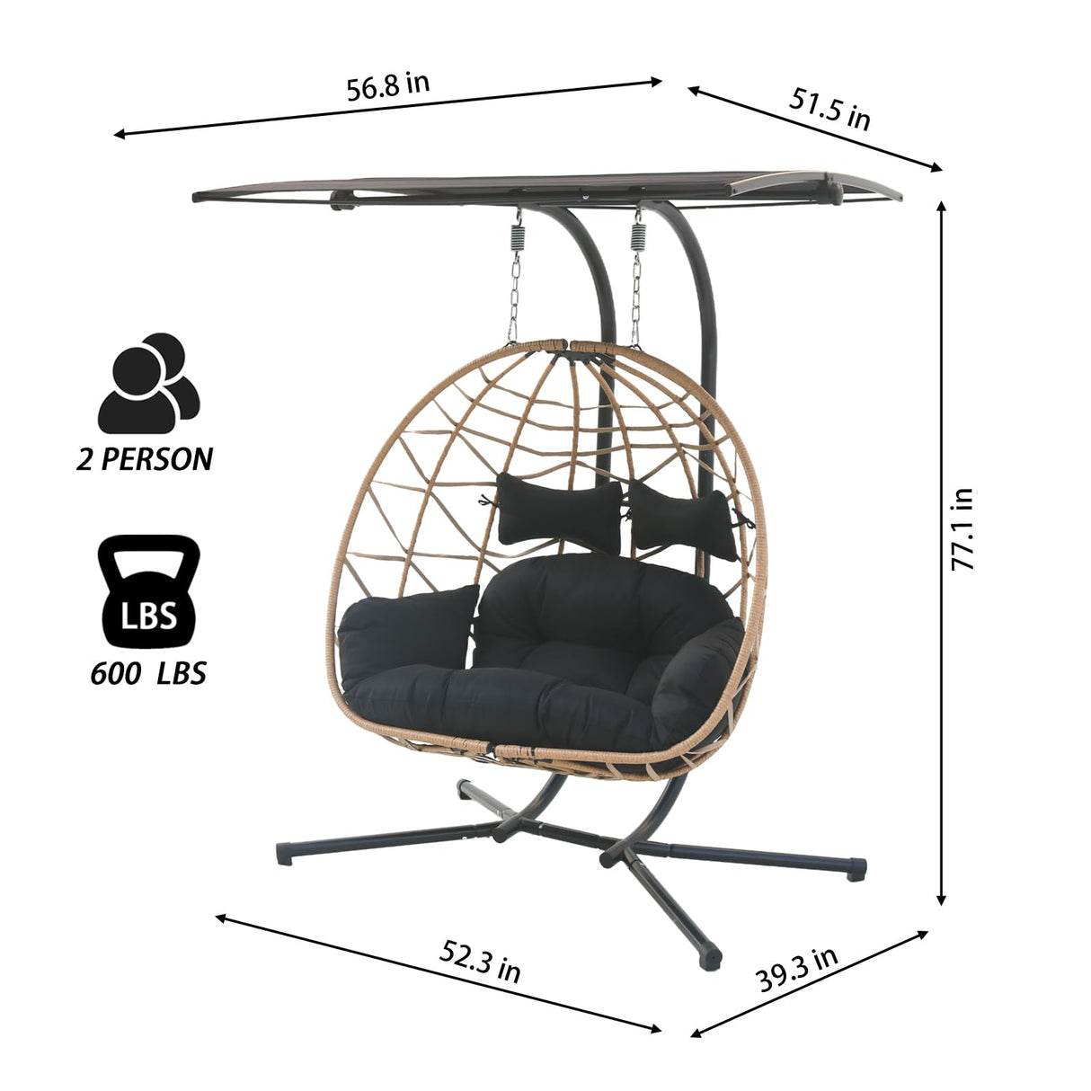 Jadoxy 2 Person Hanging Egg Chair with Canopy, Outdoor Rattan Swing Hammock Basket Chair with Soft Cushion, Wicker Egg Chair for Outdoor Patio, Balcony, Garden (Black) Jadoxy