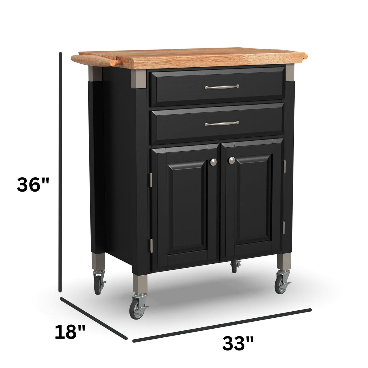Home Styles Black Dolly Madison Prep and Serve Kitchen Cart with Natural Top, Locking Casters, Two Drawers, Two Storage Cabinets homestyles