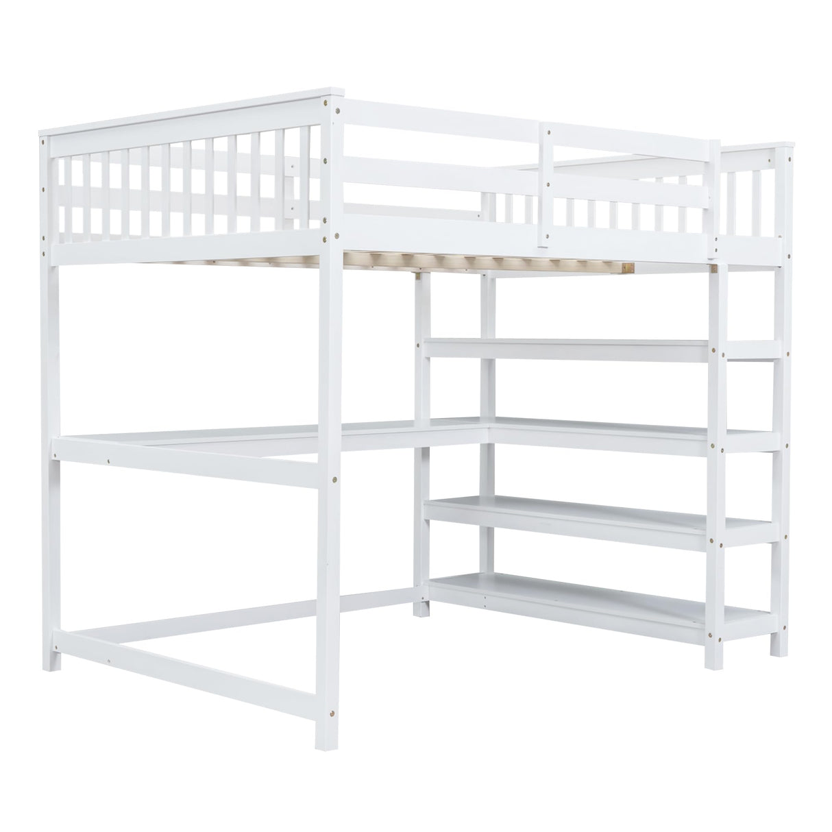 Merax Twin Size White Wood Loft Bed with Under-Bed Desk and 4 Storage Shelves Merax