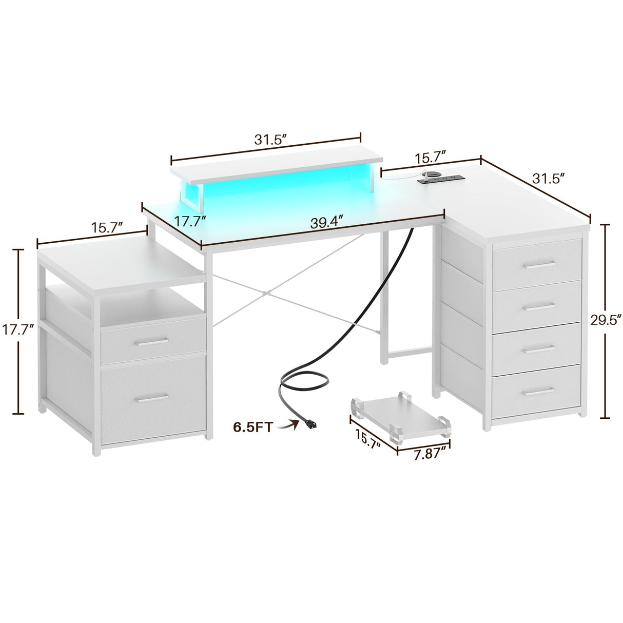 Unikito 70.8" Reversible L Shaped Computer Desk with Fabric File Drawers, Corner Desk with RGB LED Light & Power Outlets & Monitor Stand, Large Gaming Desk for Home Office Workstation, White Unikito