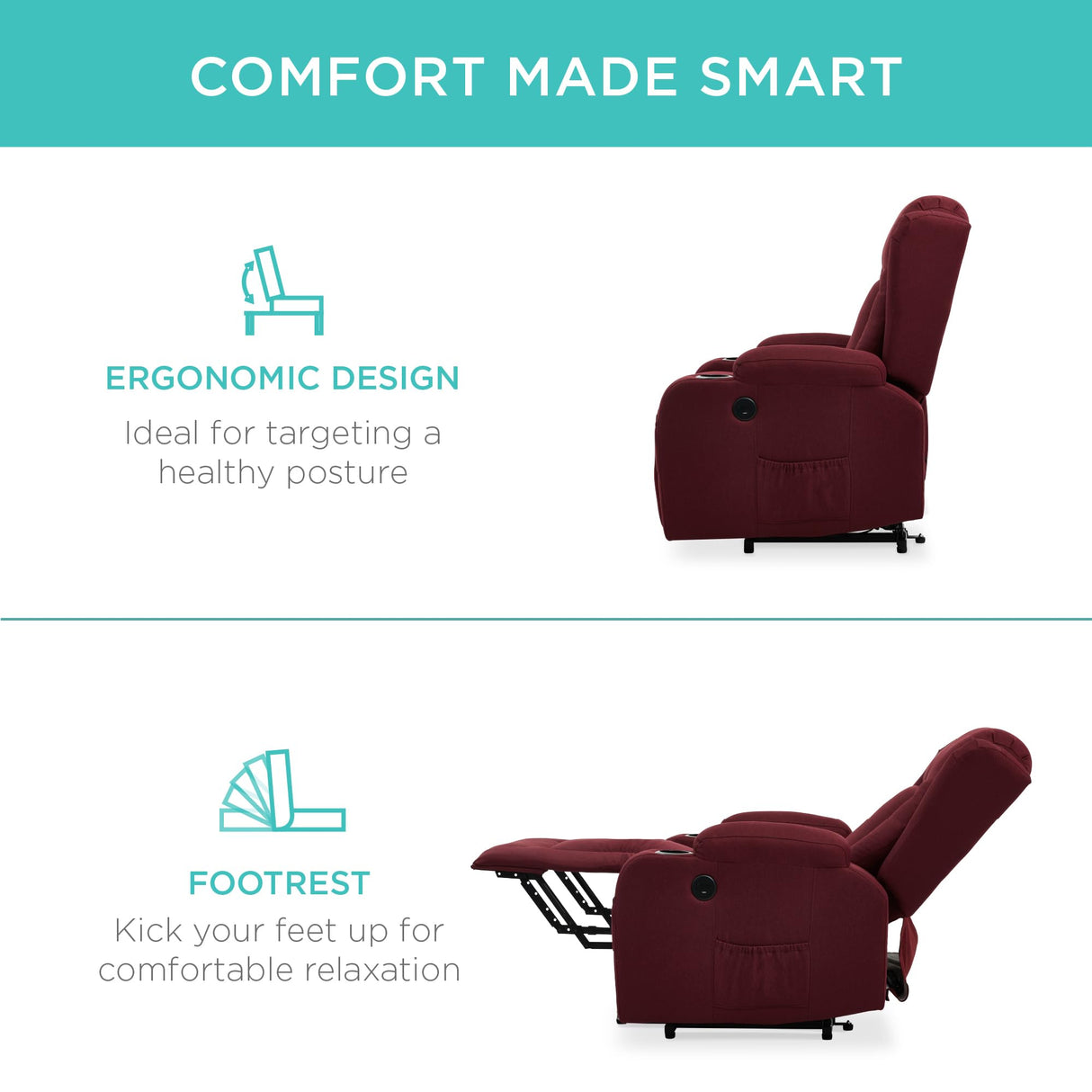 Best Choice Products Modern Linen Electric Power Lift Chair, Recliner Massage Chair, Adjustable Furniture for Back, Legs w/ 3 Positions, USB Port, Heat, Cupholders, Easy-to-Reach Button - Burgundy Best Choice Products