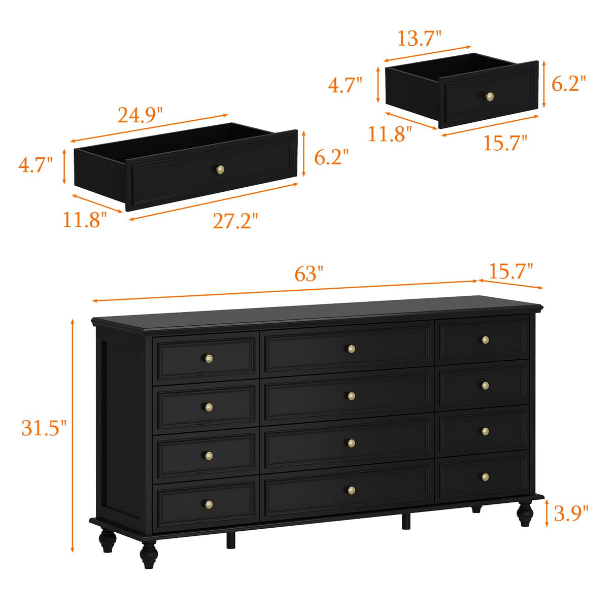 ROMSHINE 12 Drawers Dresser for Bedroom, 63" Wide Chesst of Drawers with Wooden Legs, Traditional Closet Storage Dressers Organizer, Bedroom Dresser for Closet, Living Room, Hallway, Black ROMSHINE