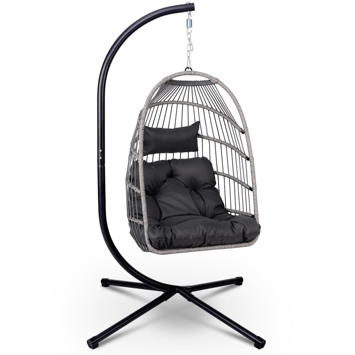 Foldable Hanging Egg Chair with Stand, HDPE Rattan and Heavy Duty Aluminum-Steel Frame, Outdoor Patio Wicker Swing Egg Chair with Headrest and Cushioned, 350 Lbs Capacity (Dark Grey) DAIJIA CHINA