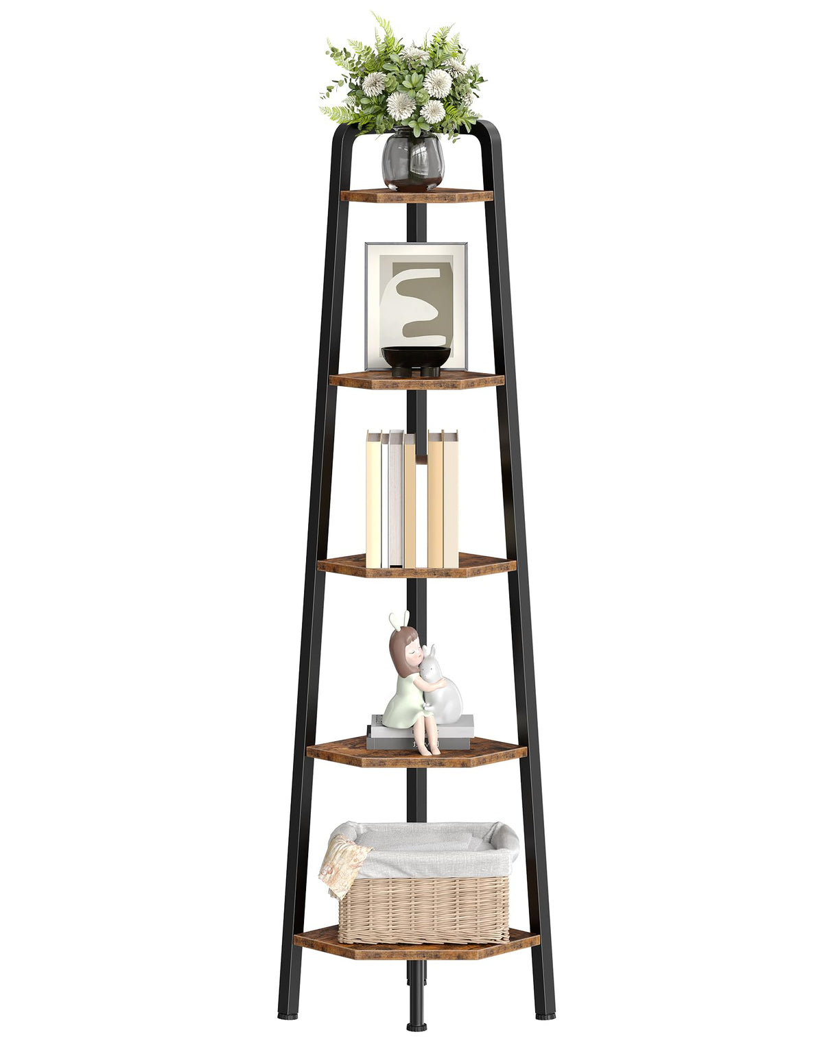 CHOEZON Corner Shelf, 5-Tier Ladder Corner Shelf, Ladder Bookshelf, 59.6" Tall Vertical Display Stand, Metal Frame Bookshelf, for Living Room, Bedroom, Kitchen, Rustic Brown and Black TCJ20BF