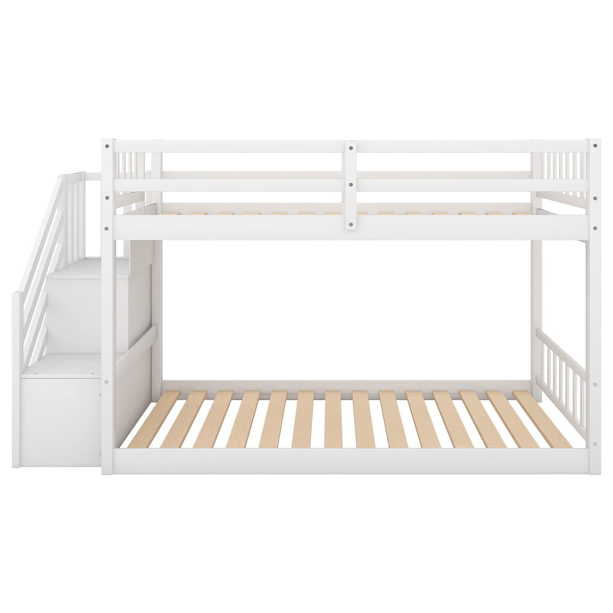 Low Bunk Beds Twin Over Twin with Stairs Solid Wood Bunk Bed Frame for Kids Boys Girls Teens, White Bellemave