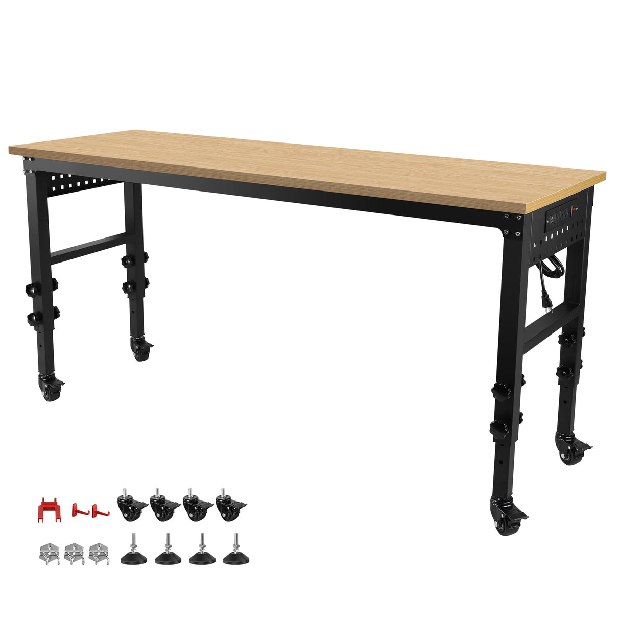 Dithoko Adjustable Workbench, 72" Heavy Duty Workstation with Power Outlets, Rolling Wheel, Hanging Plates and Hooks, 2000 LBS Load Capacity Hardwood Worktable for Garage, Workshop, Office and Home Dithoko