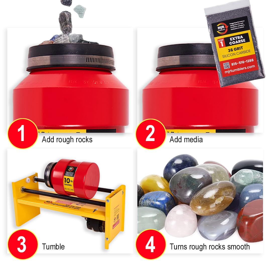MJR Tumblers Commercial Duty 10lb Rock Tumbler w Free Grit Kit. Capable of Running 4 Different Barrel Sizes and Combinations. Extreme Quality and Durability. A USA Disabled and Veteran Owned Company. MJR Tumblers