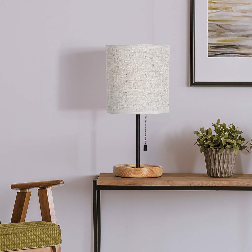 Modern Table Lamp, Nightstand Desk Lamp, Bedside Lamp With Wood Base And Linen Shade For Living Room, Bedroom, Office, College Dorm CADUKE