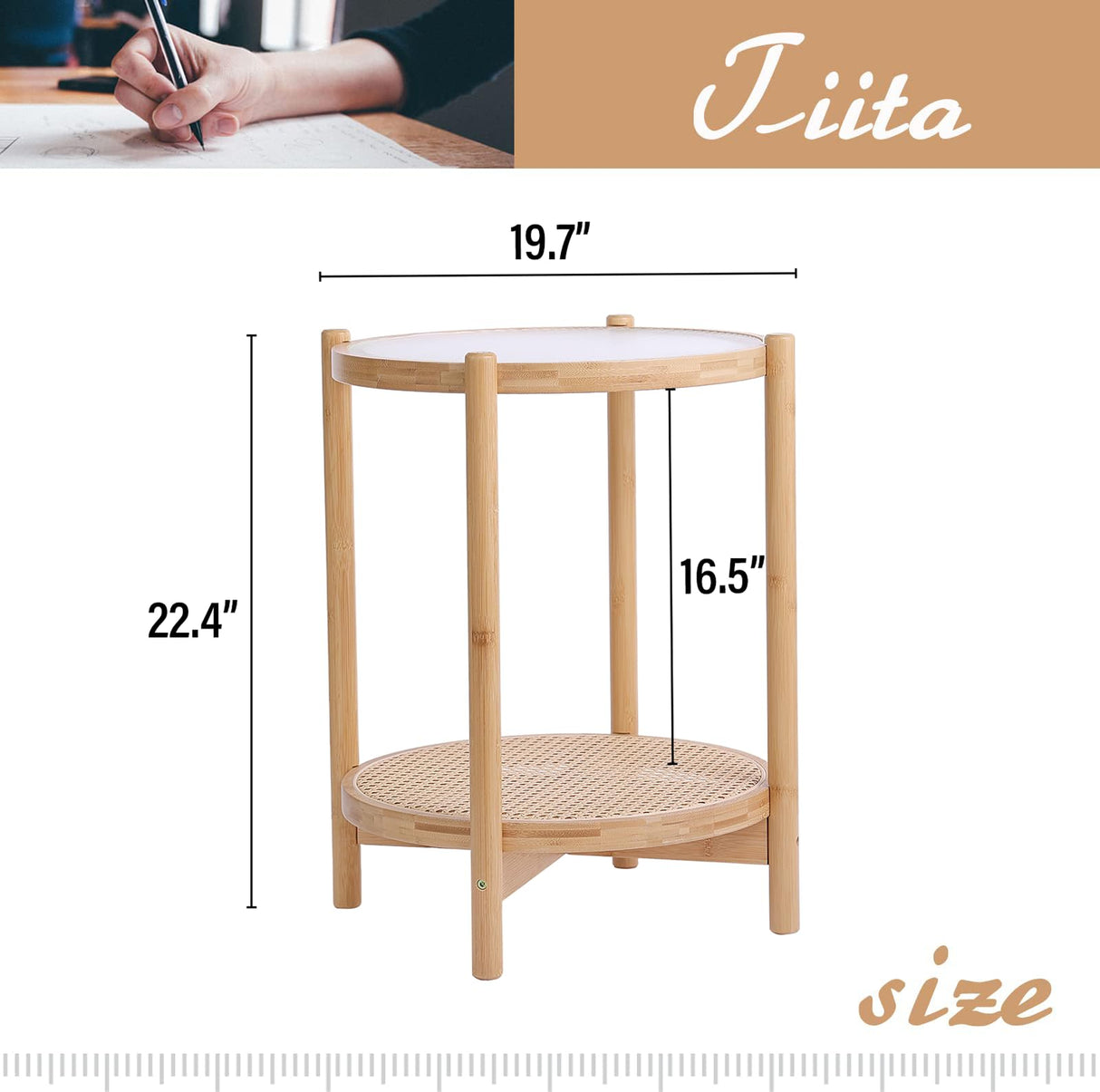 Tiita Rattan Coffee Table, Round End Table, 19.7Inch Modern Side Table, Small Bamboo Living Room Side Table, Glass Sofa End Table for Balcony and Office Outdoor/Indoor (Horizontal Stripe) Tiita