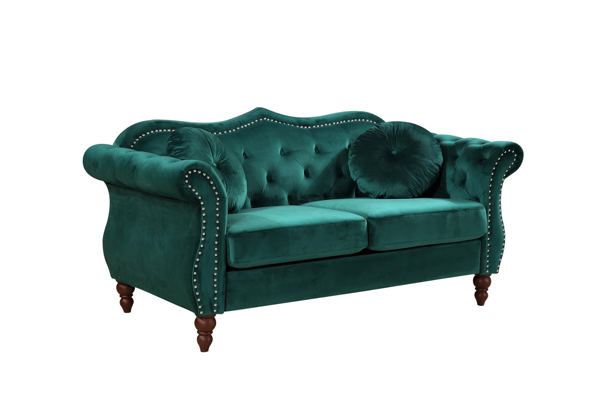 Container Furniture Direct Anna1 Chesterfield Velvet Couches for Living Room, Button Tufted Luxury Upholstery with Rolled Arms, High-Density Foam, Durable Wood Frame, 65.5" Loveseat, Green Container Furniture Direct