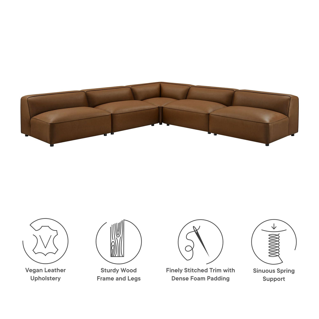 Modway Auren Vegan Leather 5 Piece Armless Modular Sofa in Coffee - Faux Leather L Shaped Sectional - Comfy Modern PU Leather Sofa - Oversized Mid Century Modern Couch for Living Room Modway