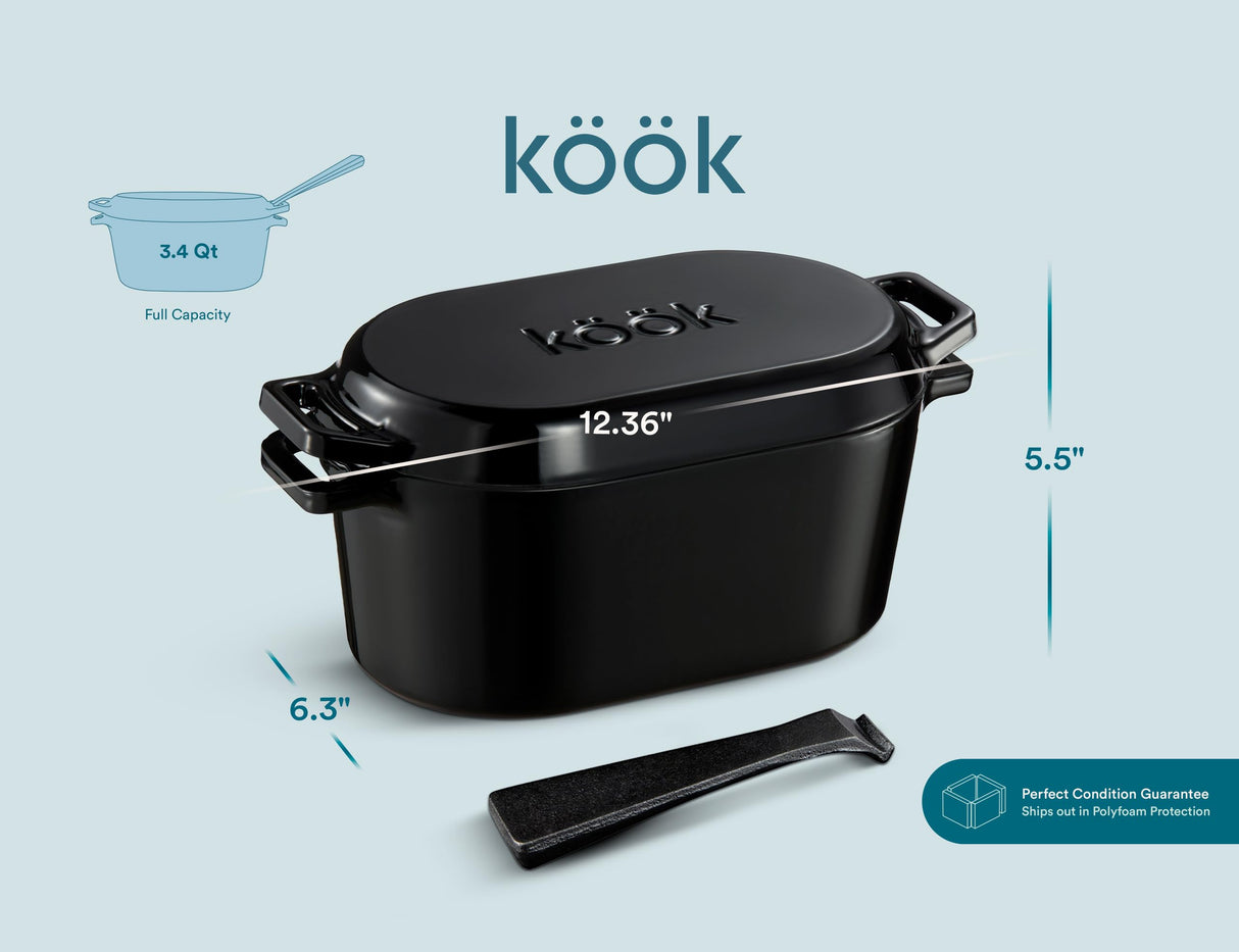 KooK Dutch Oven, Oven for Sourdough Bread Baking, with Lid, Dual Handles, Enameled Cast Iron, includes Lid Lever, Great for Baking Bread, Cooking and Roasting, Dishwasher Safe, 3.4 Qt, Black KooK