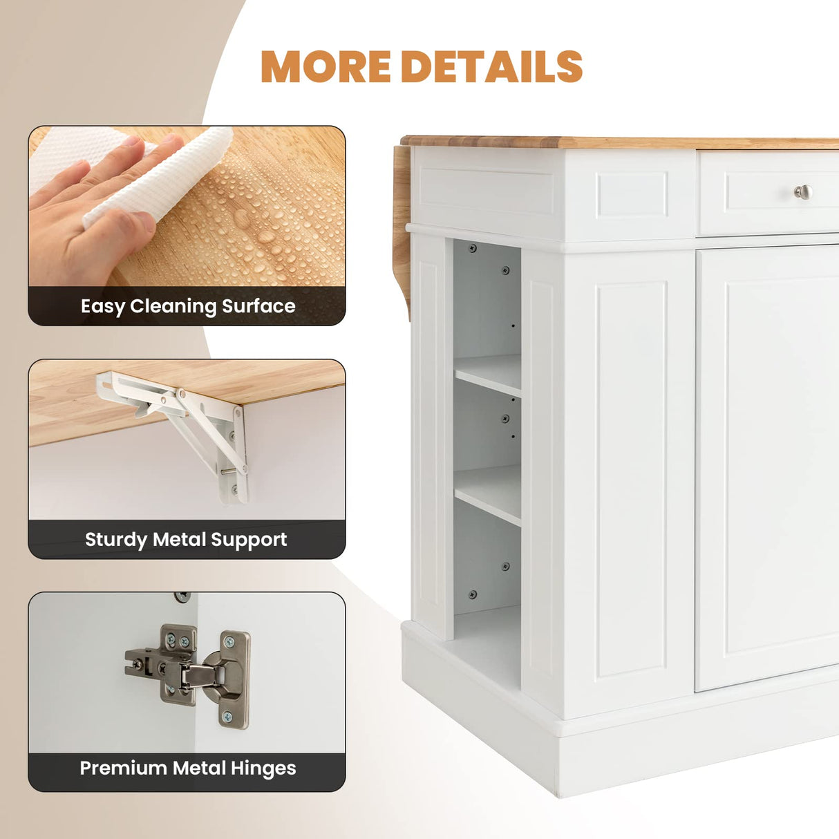 LOKO White Kitchen Island with Drop Leaf, Storage Cabinet, Adjustable Shelves & Drawers LOKO