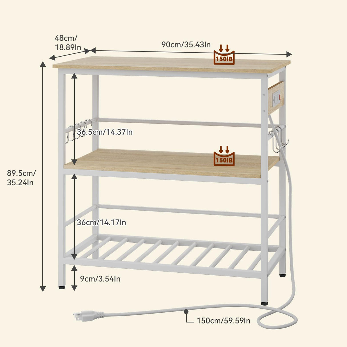 IBUYKE Kitchen Island with Storage, Bakers Rack with Power Outlet,Microwave Stand with Large Worktop,Rolling Bar Cart for Home, Outdoor, Kitchen,Light Wood TMJ029R IBUYKE
