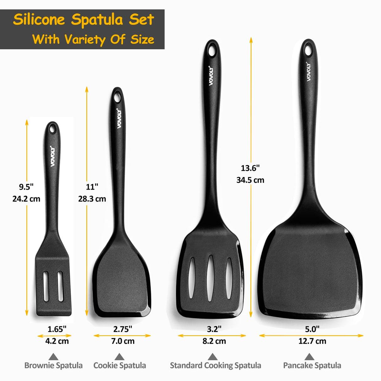 Silicone Spatula Set, 600°F Heat Resistant Silicone Spatula Turner Flipper for Cooking, Non Stick and Non Scratch Kitchen Utensils for Eggs & Pancakes, 4 Pack, Black Vovoly