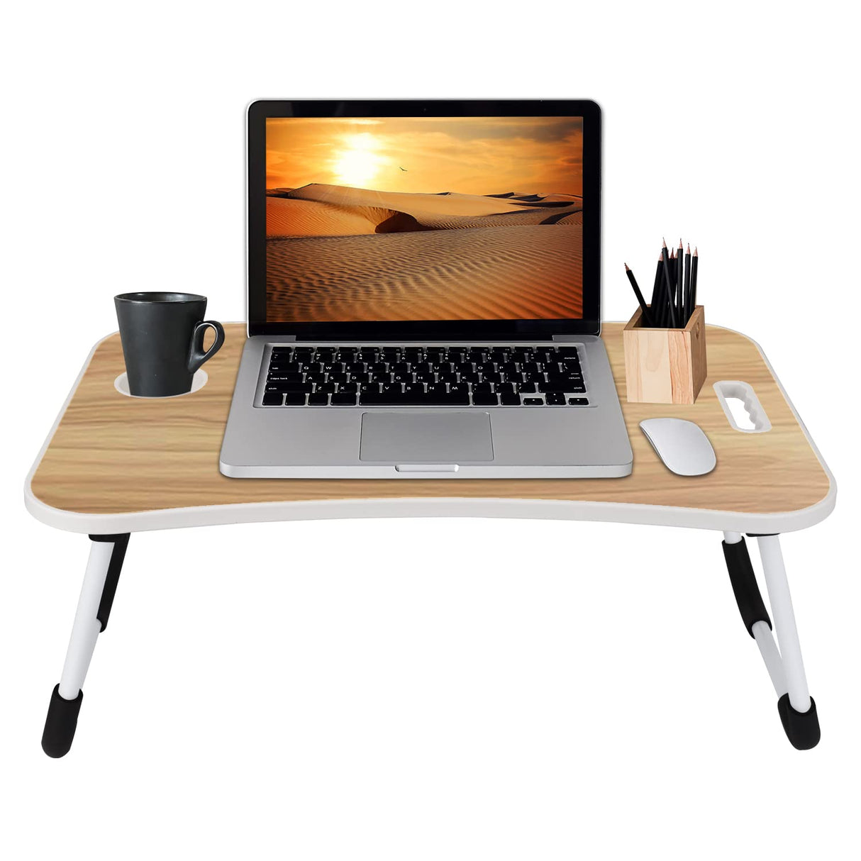 MAVOCRAFT Folding Lap Desk for Bed and Sofa - Portable Wide Surface Bed Desk with Built-in Cup Holder and Tablet or Phone Slot for Working, Studying, Eating, and Watching Movies (Wood) Mavo Craft