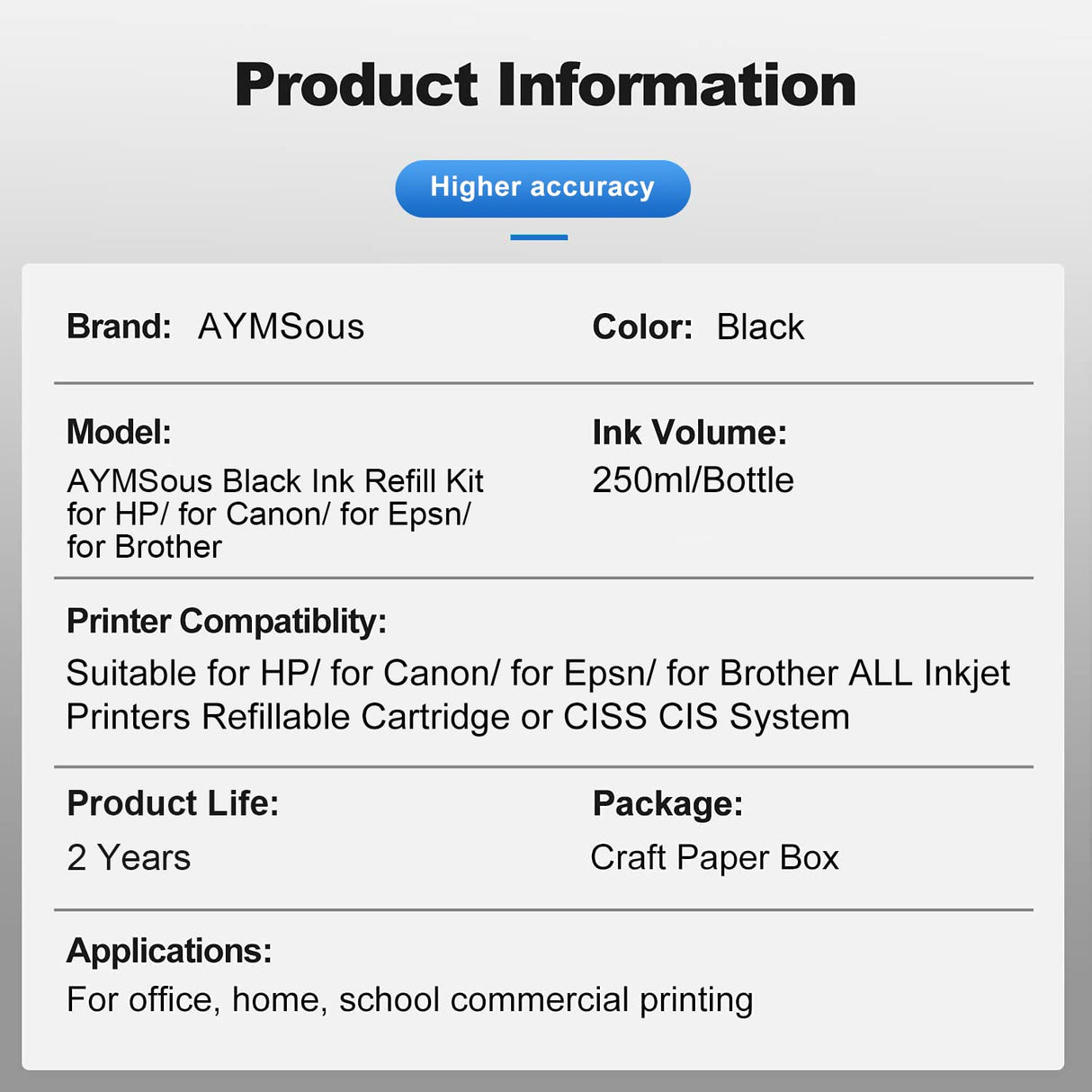 AYMSous Black Ink Universal Refill Ink Kit Dye Ink 250ml Work for Canon HP Epsn Brother Injet Printers Refillable Cartridge CISS CIS System (9 oz) with Syringe&Glove AYMSous
