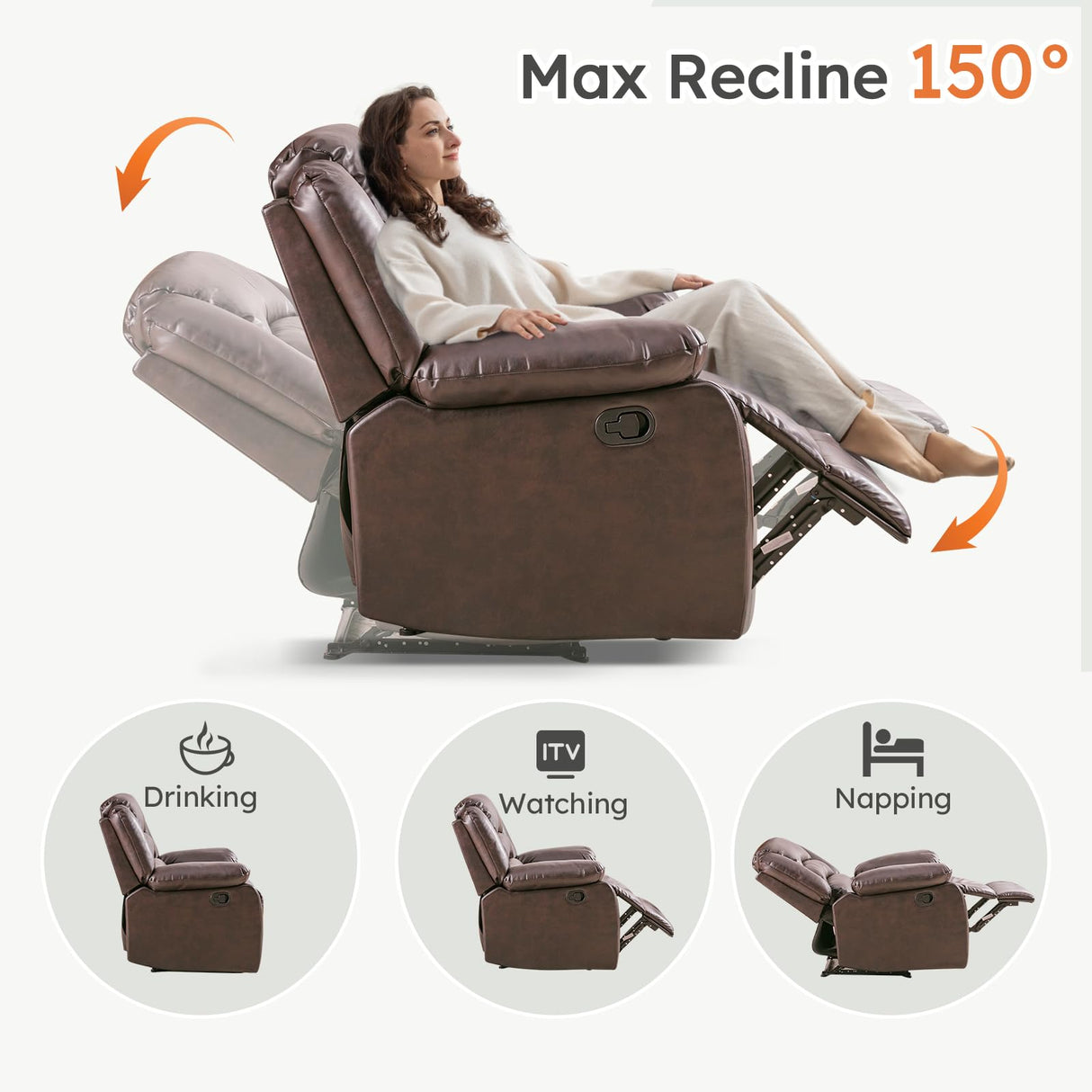 ANJ Recliner Chair, Breathable PU Leather Reclining Chair, Extra Wide Manual Recliners with Overstuffed Arm and Back, Single Sofa Chair for Living Room Bedroom(Dark Brown) ANJ