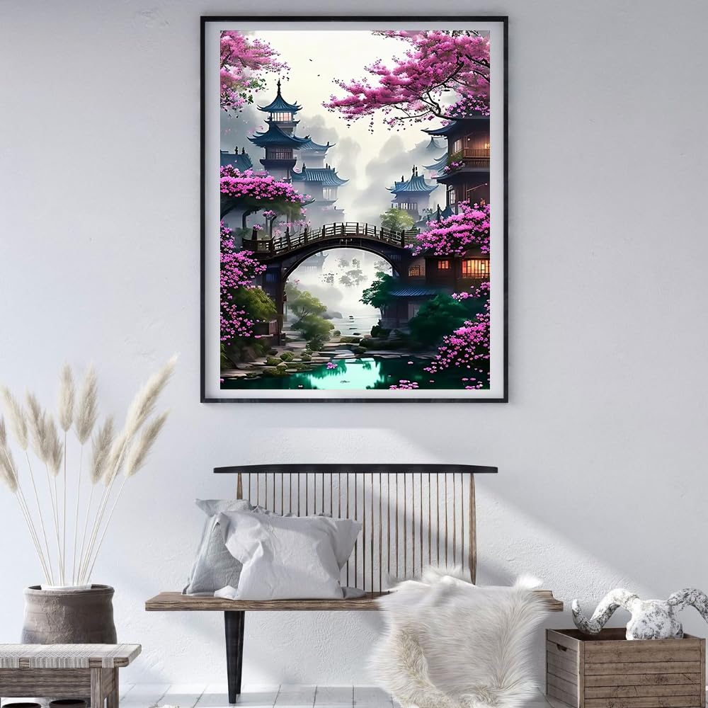 MOMDEDP 5D Bridge Flower Diamond Art Painting Kits for Adults Diamond Art Sakura Landscape Diamond Painting Full Drill Crystal Rhinestone Embroidery Craft Kits for Home Wall Decor Gifts, 12x16inch MOMDEDP