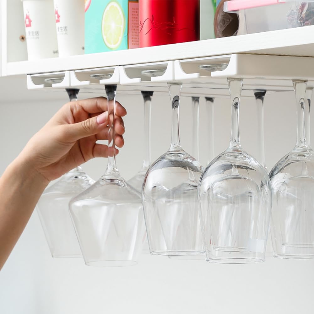 DESONAUT 4 Pcs Wine Glass Holder Under Shelf or Cabinet Punch-free,Stemware Rack Glassware Drying Storage Hanger for Kitchen,Bar and Restaurant (White) DESONAUT