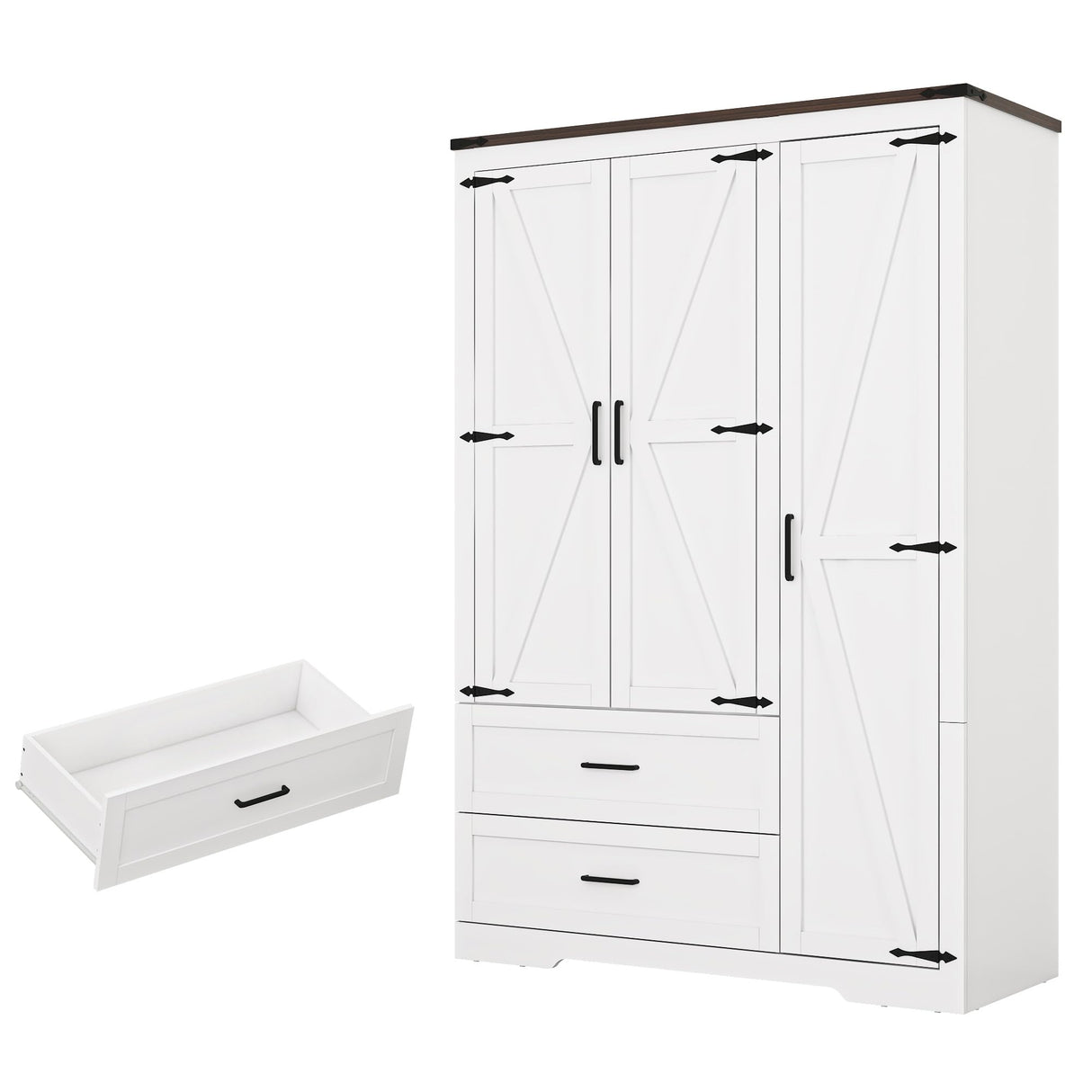 St.Mandyu Farmhouse Wardrobe Armoire Closet with 3 Doors and 2 Drawers, 70.1" Wooden Clothing Storage Cabinet, Freestanding Large Capacity Storage Wardrobe Armoire with Hanging Rod for Bedroom, White St.Mandyu