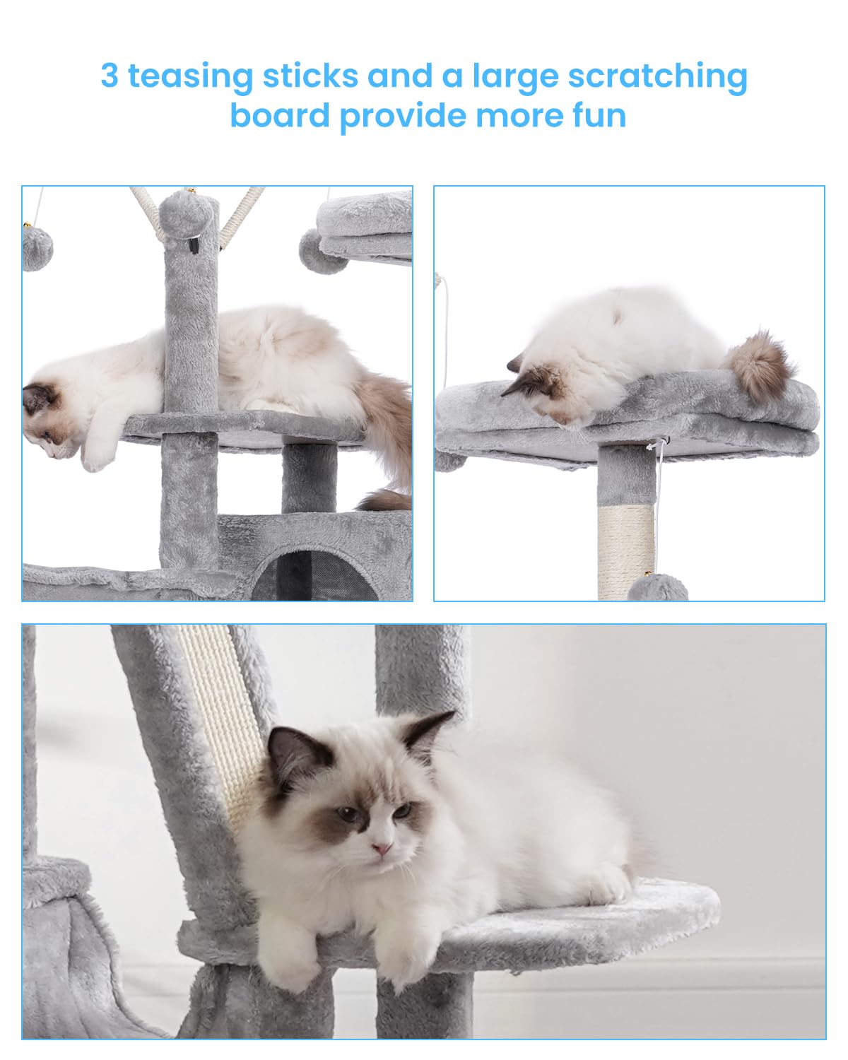 Hey-brother Cat Tree, 53 inch Cat Tower for Indoor Cats, Cat House with Padded Platform Bed, Toy Balls, Large Cozy Condo, Hammocks and Sisal Scratching Posts, Light Gray MPJ019-SW Hey-brother