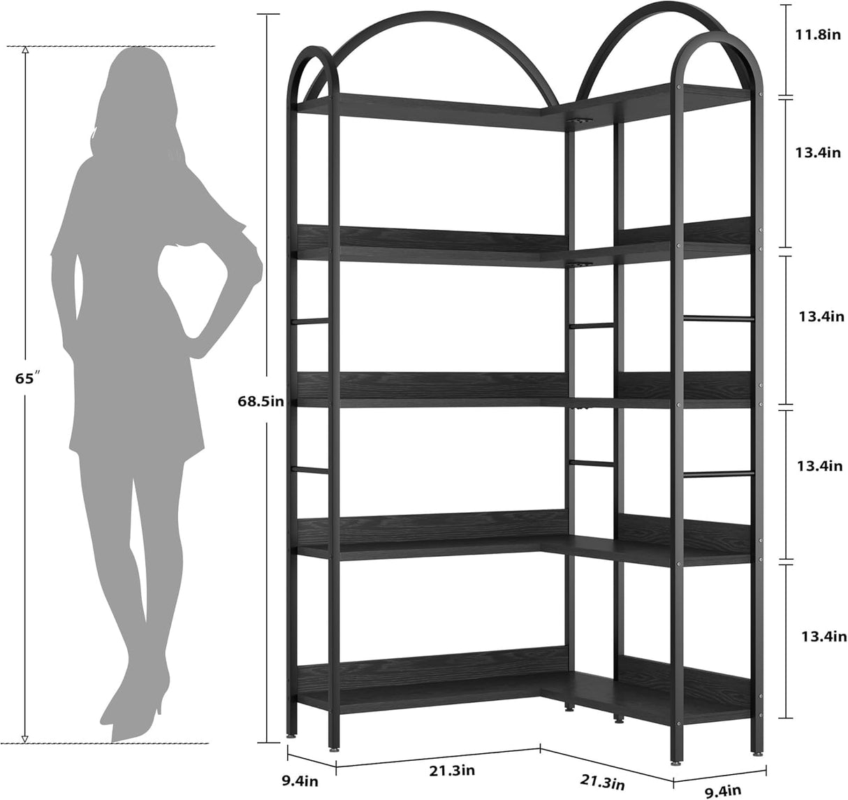 GAOMON 5 Tier Arched Corner Bookshelf, L Shaped Tall Large Bookcase with Shelves, Wood and Metal Bookshelves Storage Organizer, Industrial Display Standing Shelf Unit for Bedroom, Living Room, Black GAOMON